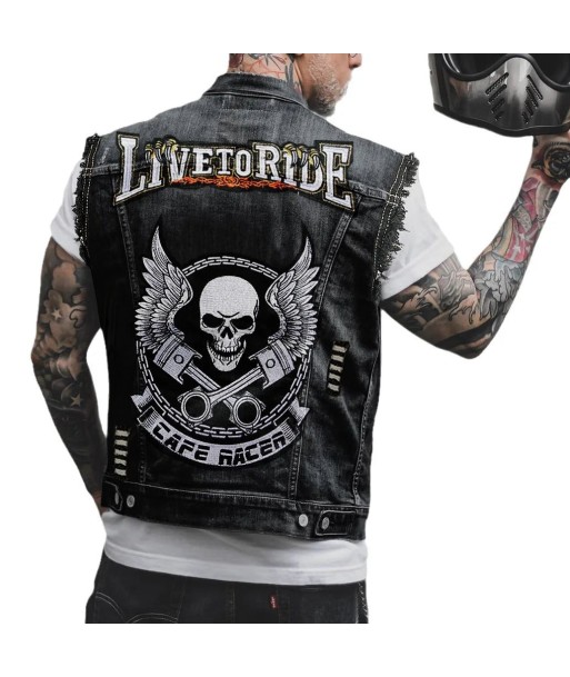 Biker-Jeansweste mit Patch – Café Racer Winged Skull du meilleur 