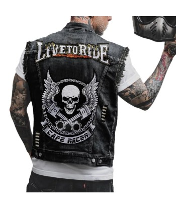 Gilet biker jeans avec patch - Crâne Ailé Café Racer commande en ligne